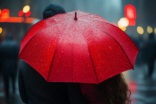 Romantic couple under red umbrella in rainy city night