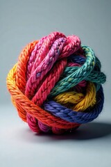 Varicolored threads tangled in a fuzzy sphere, knitted, textile