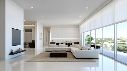 Fototapeta premium Modern minimalist living room interior design contemporary home digital rendering bright ambiance wide angle view aesthetic appeal