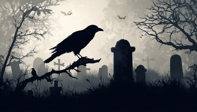 Spooky Cemetery And Raven Silhouette Creating A Chilling Horror Scene, Perfect For Halloween Decor Or Haunted House Themes.