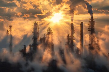 A dramatic shot of the sun piercing through the mist surrounding the refinery, casting beams of light that highlight the towering structures.