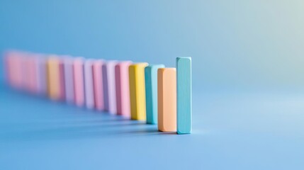 a row of pastel dominoes falling except for one standing tall, showcasing resistance against the tide