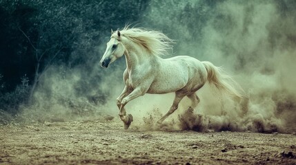 Naklejka premium A majestic white horse galloping across a dusty plain, its mane and tail flowing in the wind.