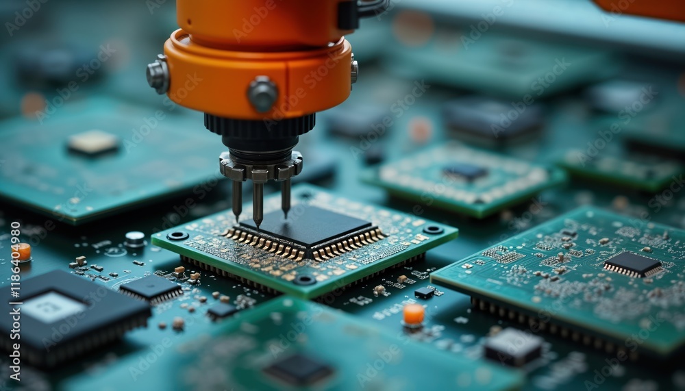 Fototapete orange robotic arm places computer chip on circuit board. modern automated tech process in electroni