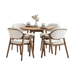 Modern dinette group with white chairs and round wooden table on clean isolated transparent background