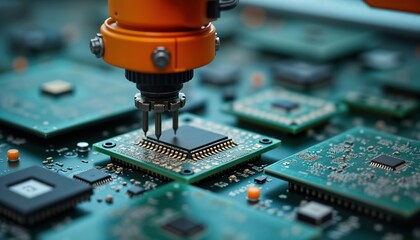 Orange robotic arm places computer chip on circuit board. Modern automated tech process in electronics manufacturing plant. High-tech machinery assembles components for electronic device. Precision