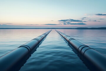 A conceptual view of pipes leading into the horizon, where the morning light creates a smooth, soft focus on the industrial landscape. 