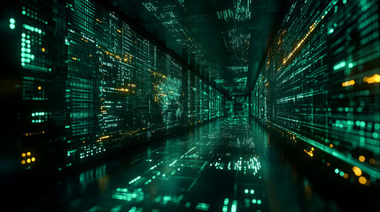 Abstract Digital Tunnel of Glowing Green and Orange Data Streams