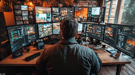 Obraz premium A Man Sits Before a Wall of Computer Screens in a Control Room Setting