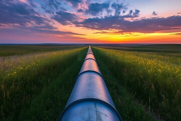 A conceptual view of pipes leading into the horizon, where the morning light creates a smooth, soft focus on the industrial landscape. 