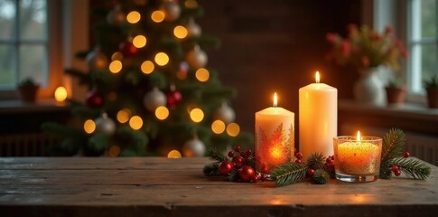 Wooden table with candles in mercury glass holders, ambiance, wooden, holiday