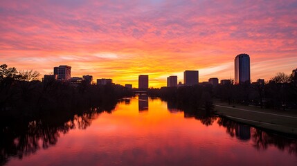 Fototapeta premium Sunset over city skyline reflecting in water urban landscape evening serenity tranquil environment aesthetic viewpoint