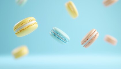 Various Types Of Macaroons In Motion Cascading Onto A Light Blue Surface: Colorful French Macaroons Falling Or Fluttering In Graceful Movement.