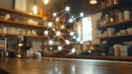 Abstract Network Connection Hologram in Coffee Shop Setting