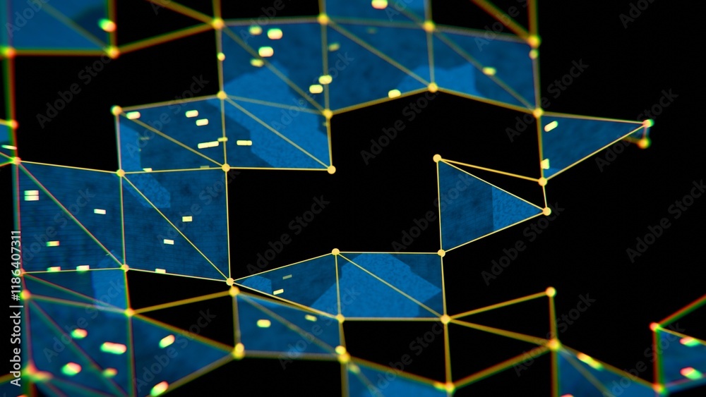Poster futuristic geometric network with blue and yellow elements on black background
