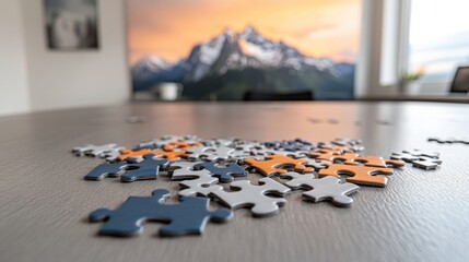 A cozy family game night features a table scattered with puzzle pieces, against a backdrop of a majestic mountain painting.