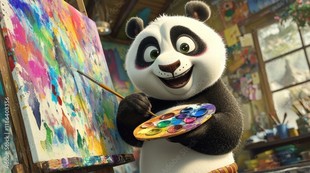 Aufkleber panda enjoys painting with a colorful palette and brush in a creative art space surrounded by vibran