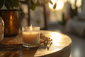 Burning candle in glass jar on white wooden table indoors, space for text