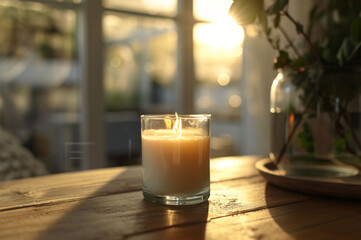 Burning candle in glass jar on white wooden table indoors, space for text