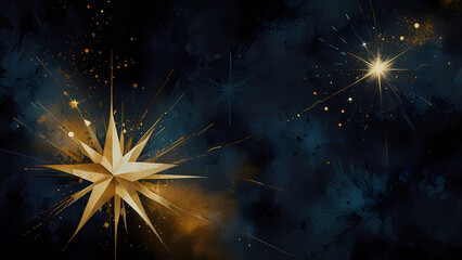 Fototapeta premium A surreal abstract composition featuring geometric star patterns in shades of metallic gold and white, arranged over a textured dark blue backdrop with hints of galactic mist and glittering particles.