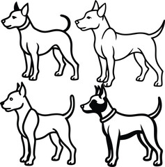 Dog illustrations, simple line drawings, stylized canine outlines, black and white sketches, minimalist dog breeds, side view profiles, various dog poses, cartoon-style dogs
