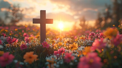 Cross in a sunlit autumn meadow at dawn, symbolizing the spiritual essence and peace of Ascension Day