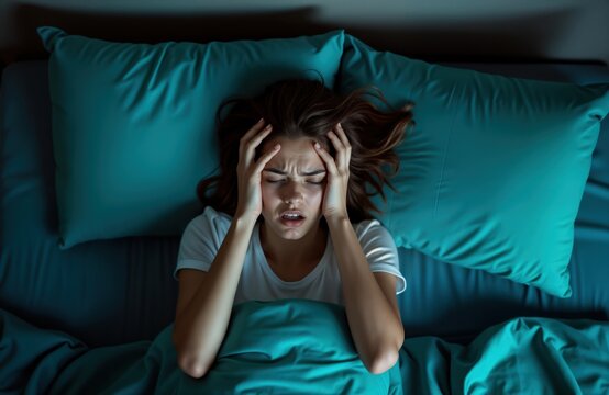 Young woman lies in bed at night. Awake, stressed. Holds head with hands. Seems frustrated, unable to sleep due to loud noises. Expression distressed. Scene takes place in bedroom at night. Trouble