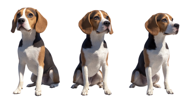 Dog happy beagle set (portrait, sitting and standing) isolated on white background as transparent PNG,  animal bundle