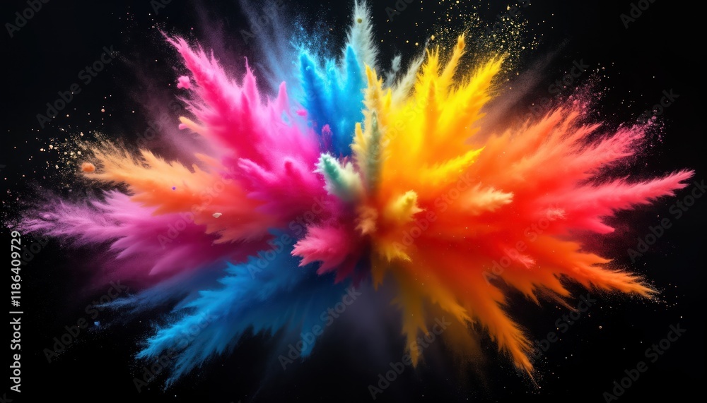 Poster colorful powder explosion on black background. vivid vibrant colors burst outward in dynamic motion.