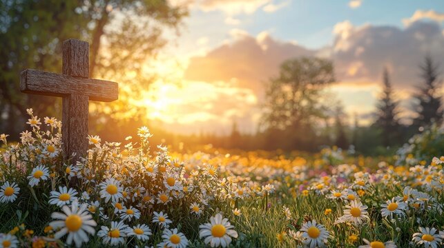A cross stands in a sun-kissed autumn meadow at dawn, embodying the tranquil and spiritual nature of Ascension Day
