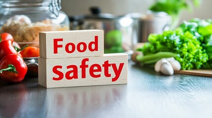 food safety hygiene risk. The image highlights the concept of food safety, featuring wooden blocks with the words "Food Safety" alongside fresh vegetables.