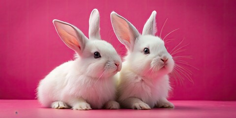 Obraz premium Cute white bunnies against a pink backdrop; fluffy, adorable images perfect for wallpaper.