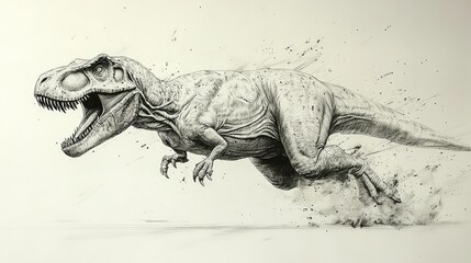 Obraz premium Running Tyrannosaurus Rex: A Prehistoric Predator in Motion. A detailed monochrome drawing of a dynamic T-Rex, capturing the raw power and energy of this extinct giant.