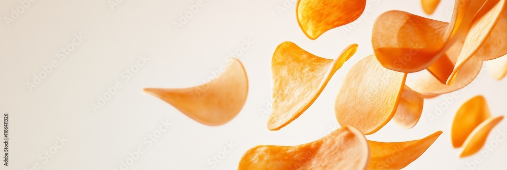Poster crunchy potato chips are levitating on a clean white background, creating a dynamic and appetizing s