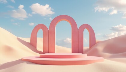 Abstract Surreal Pastel Landscape With Arches And Podium: Panoramic View Of Full Dune Scene Under Blue Sky And Clouds