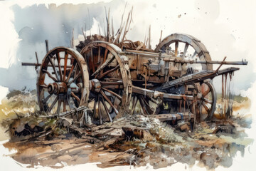 old, abandoned cart with wooden wheels, covered with rust and time. 