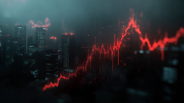 Cityscape Volatility: A digital overlay of a red line graph, symbolizing market fluctuation, rises and falls against the backdrop of a brooding cityscape. - Powered by Adobe