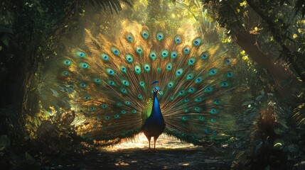 Obraz premium A stunning portrait of a peacock proudly displaying its vibrant tail feathers in a lush, tropical garden.