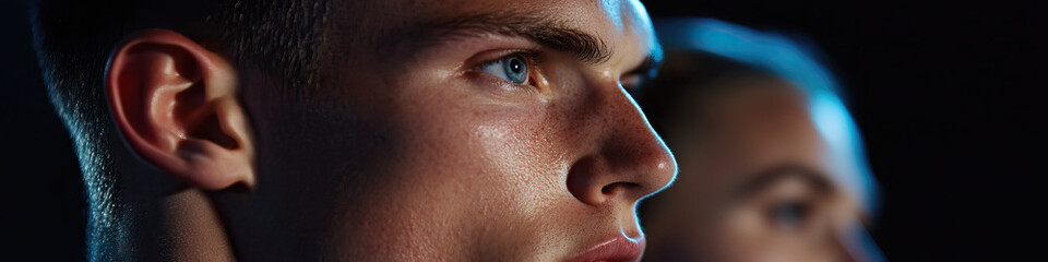 Fototapeta premium Close-up Profile of Young Man and Blurred Woman