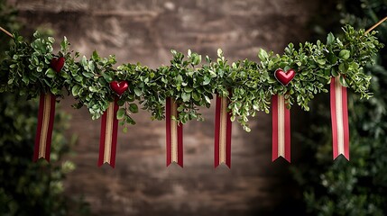 Fototapeta premium Festive Christmas Garland with Red Hearts and Gold Trimmed Ribbons Holiday Decoration