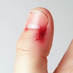Fototapeta premium health risks symptoms habits.A close-up of a thumb with a fresh cut, showing blood on the skin, indicating injury or trauma.
