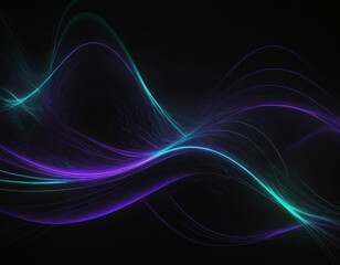 Fototapeta premium A dark abstract background dominated by deep black tones with glowing neon purple and mint green streaks weaving dynamically across the canvas