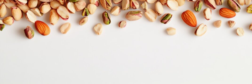 Assorted nuts, including peanuts, almonds, and pistachios, creating a visually appealing border on a clean white backdrop, emphasizing healthy eating habits and nutritional benefits
