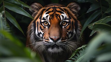 A captivating photography of a tiger blending into its environment as it hides behind dense foliage, its piercing eyes visible through the greenery.