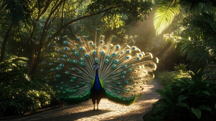 Obraz premium A stunning portrait of a peacock proudly displaying its vibrant tail feathers in a lush, tropical garden.