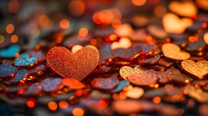 Romantic Red Heart on Pile of Sparkling Heart Shaped Decorations