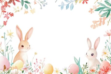 Obraz premium Charming Watercolor Frame for Easter Celebrations Featuring Adorable Rabbits and Colorful Eggs, Perfect for Seasonal Greetings and Decorations