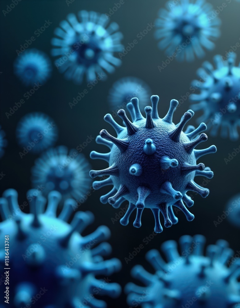 Poster Microscopic view of floating virus cells. Dark background with multiple virus cells. Detailed 3D illustration of infectious agents. Closeup view of virus structure. Medical illustration of