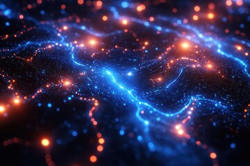 Fototapeta premium futuristic digital circuit network with glowing blue energy lines creating abstract technology pattern on dark background in 3d