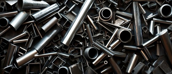 Pile of assorted metal pipes, tubes and industrial steel parts scattered randomly creating textured metallic background. Generative AI